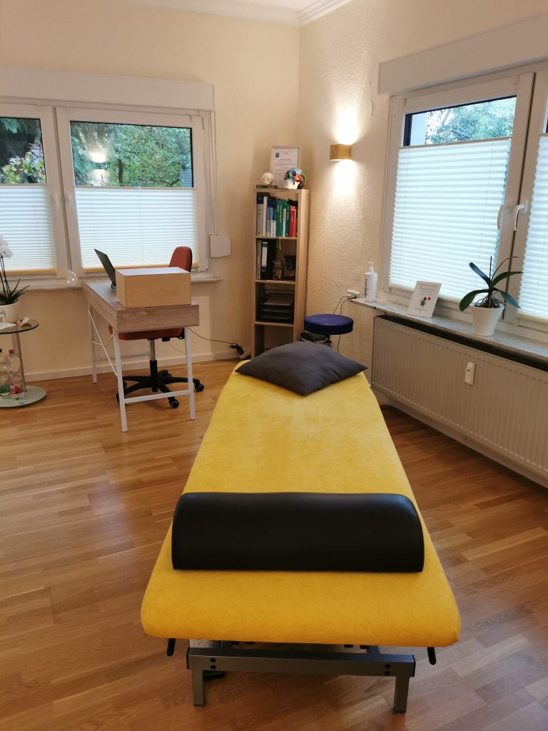 Behandlungsraum Osteopathie mit Behandlungsliege, Schreibtisch, Stühlen, einer großen Pflanze und einem Bücherregal. Der Raum ist in warmen Farben gehalten.