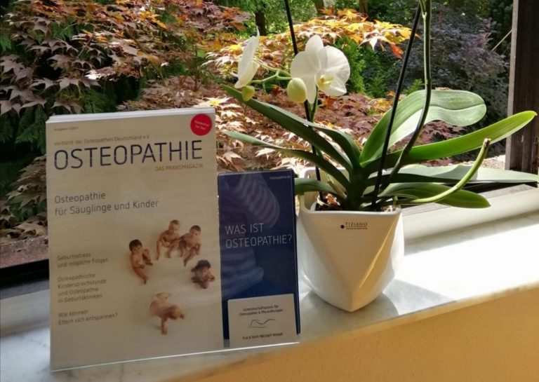 Info-Broschüren zur Osteopathie, daneben eine Orchidee.